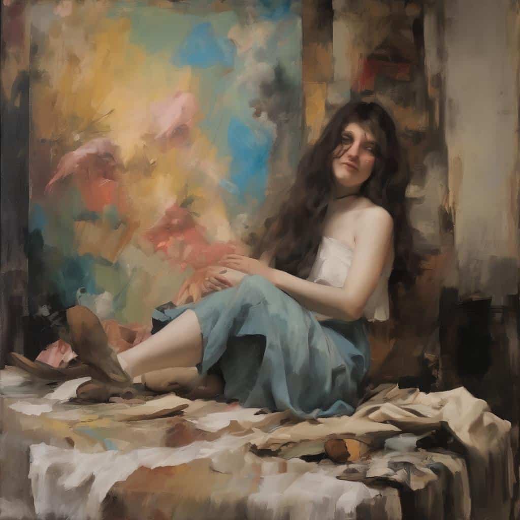 νεαρή γυναίκα σε πορτραίτο που απεικονίζει καλλιτέχνη ως ιστορικό πρόσωπο, ζωγραφική τέχνη, καλλιτεχνική αναπαράσταση, ιστορική ενδυμασία, ακατέργαστο στυλ ζωγραφικής.