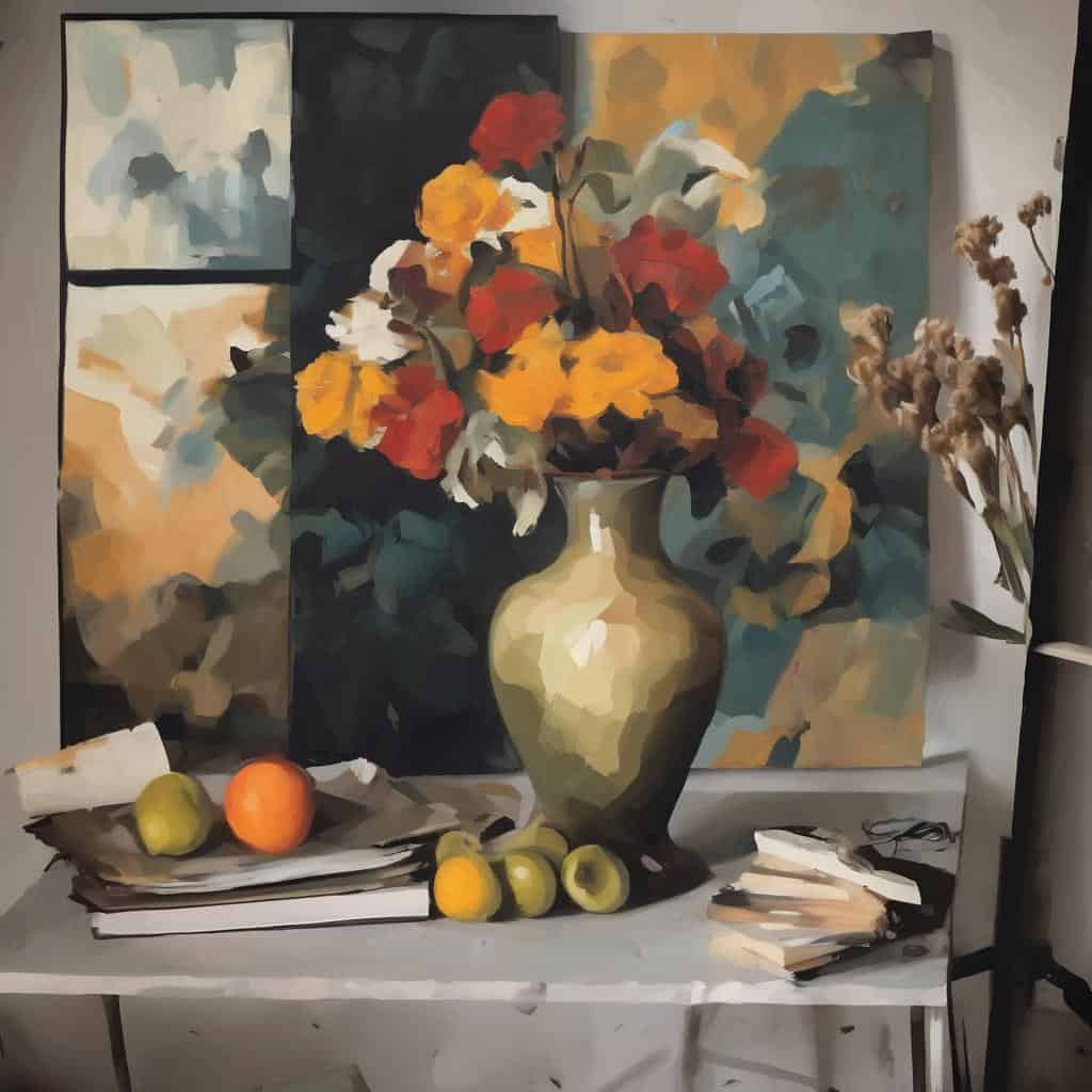 Ζωγραφικό έργο με θέμα «Ο Καλλιτέχνης ως Ιστορικό Πρόσωπο» κεντρικό στοιχείο σε καμβά, με φθαρμένα λουλούδια και πρόχειρα βιβλία, σύμβολα δημιουργικότητας και ιστορίας.