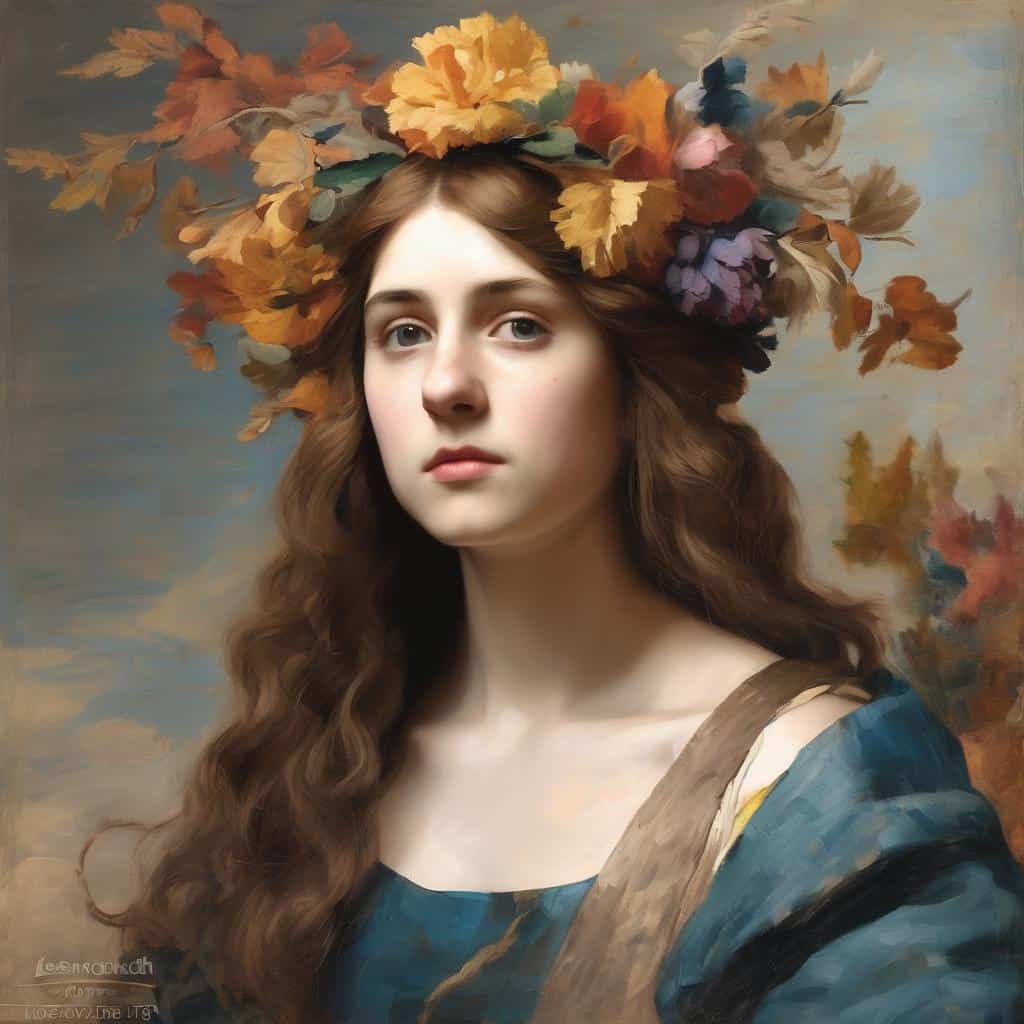 Καλλιτέχνης ως ιστορικό πρόσωπο, πορτρέτο γυναίκας με καστανά μαλλιά και φόρεμα σε ζωγραφικό στυλ.