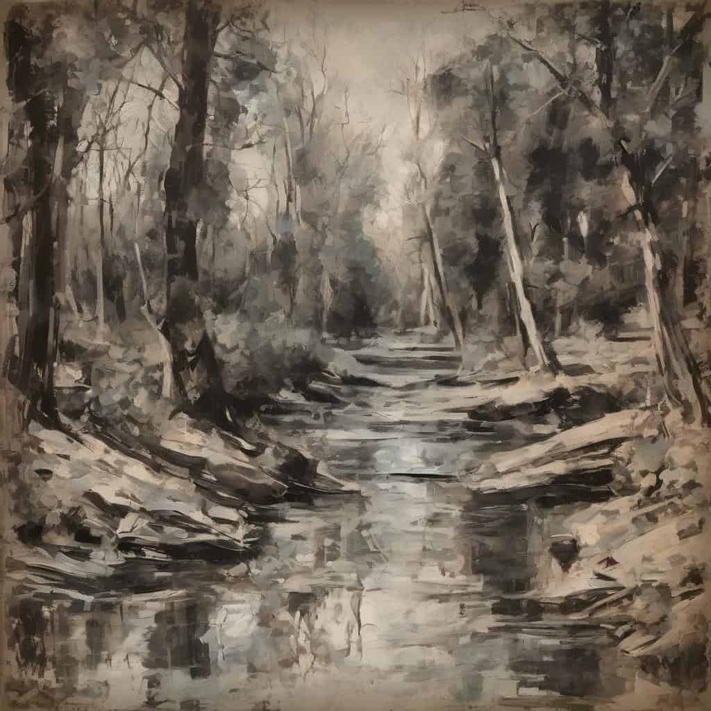 Ο καλλιτέχνης ως ιστορικό πρόσωπο σε τοπίο με δέντρο και ποταμό, εκφράζοντας τέχνη και ιστορική μνημειακότητα.