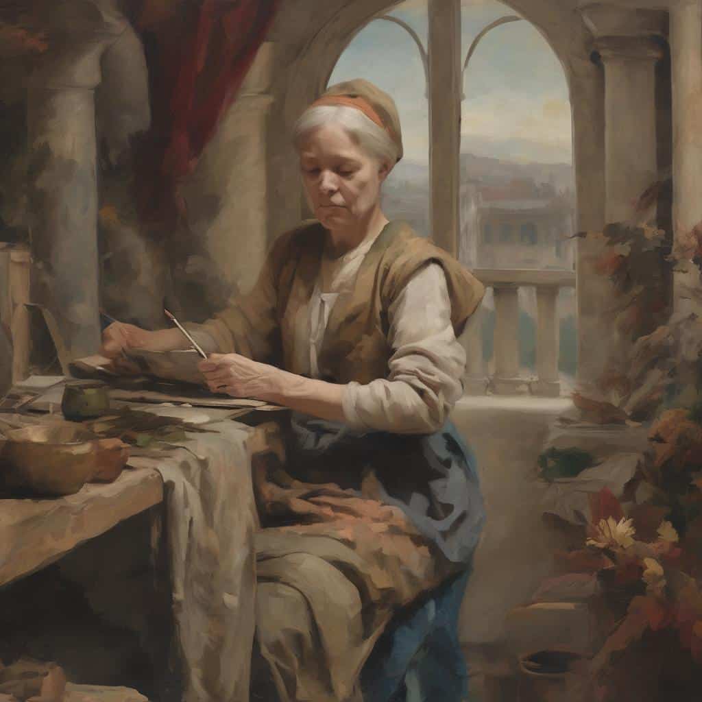 ανδριάνα ηλικιωμένη γυναίκα ζωγράφος ιστορικό πρόσωπο σε πίνακα με καβαλέτο και πινέλο στην παραθυρόφυλλο εικόνα 19ου αιώνα.